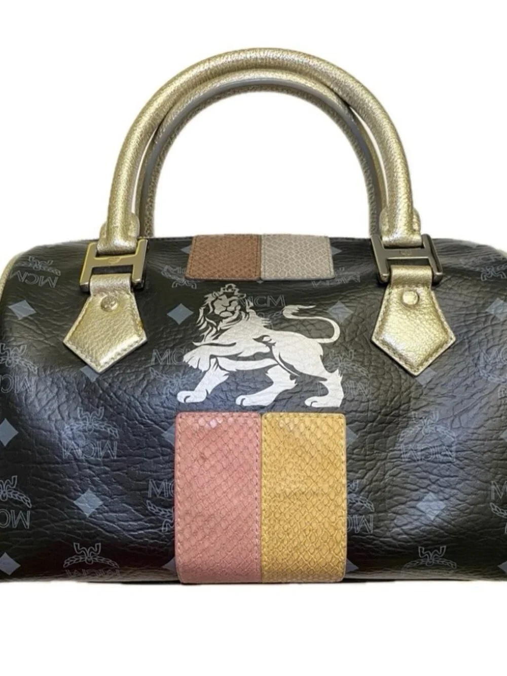 MCM Black Visetos Leather/Snakeskin Embossed Princess Lion Boston Bag EUC
